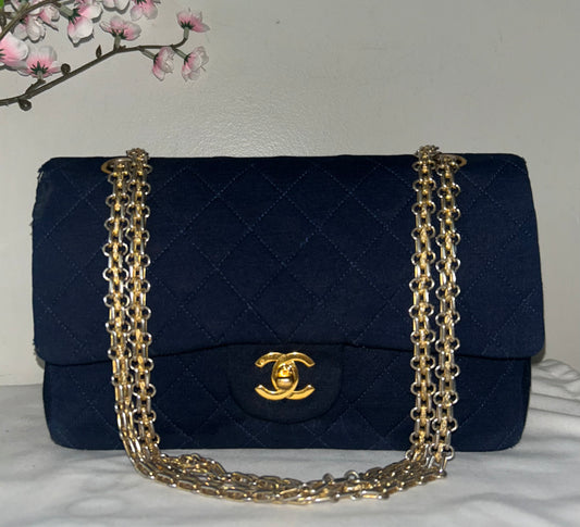 CHANEL Vintage Medium Classic Double Flap Jersey Quilted Handbag Navy / 24K Gold