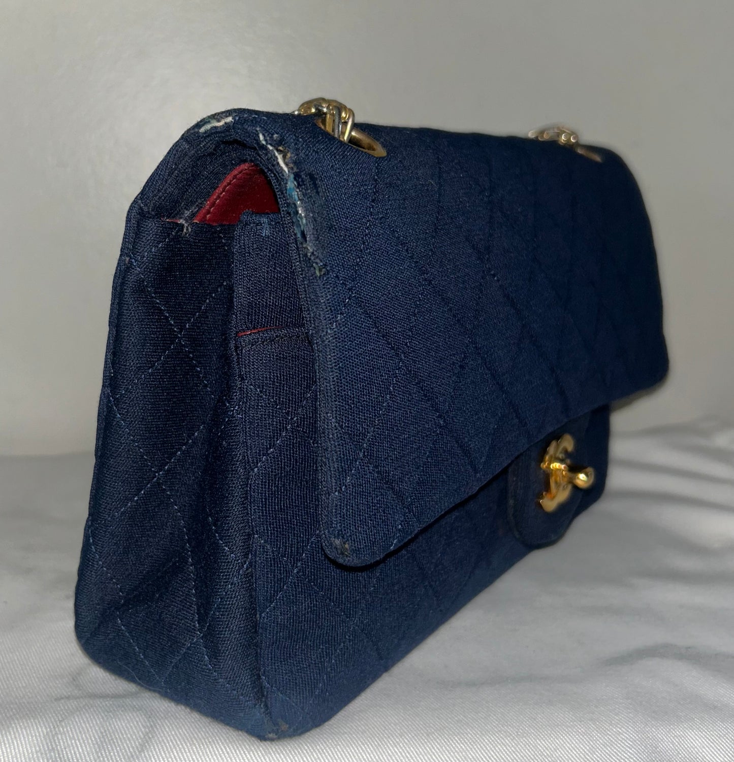 CHANEL Vintage Medium Classic Double Flap Jersey Quilted Handbag Navy / 24K Gold