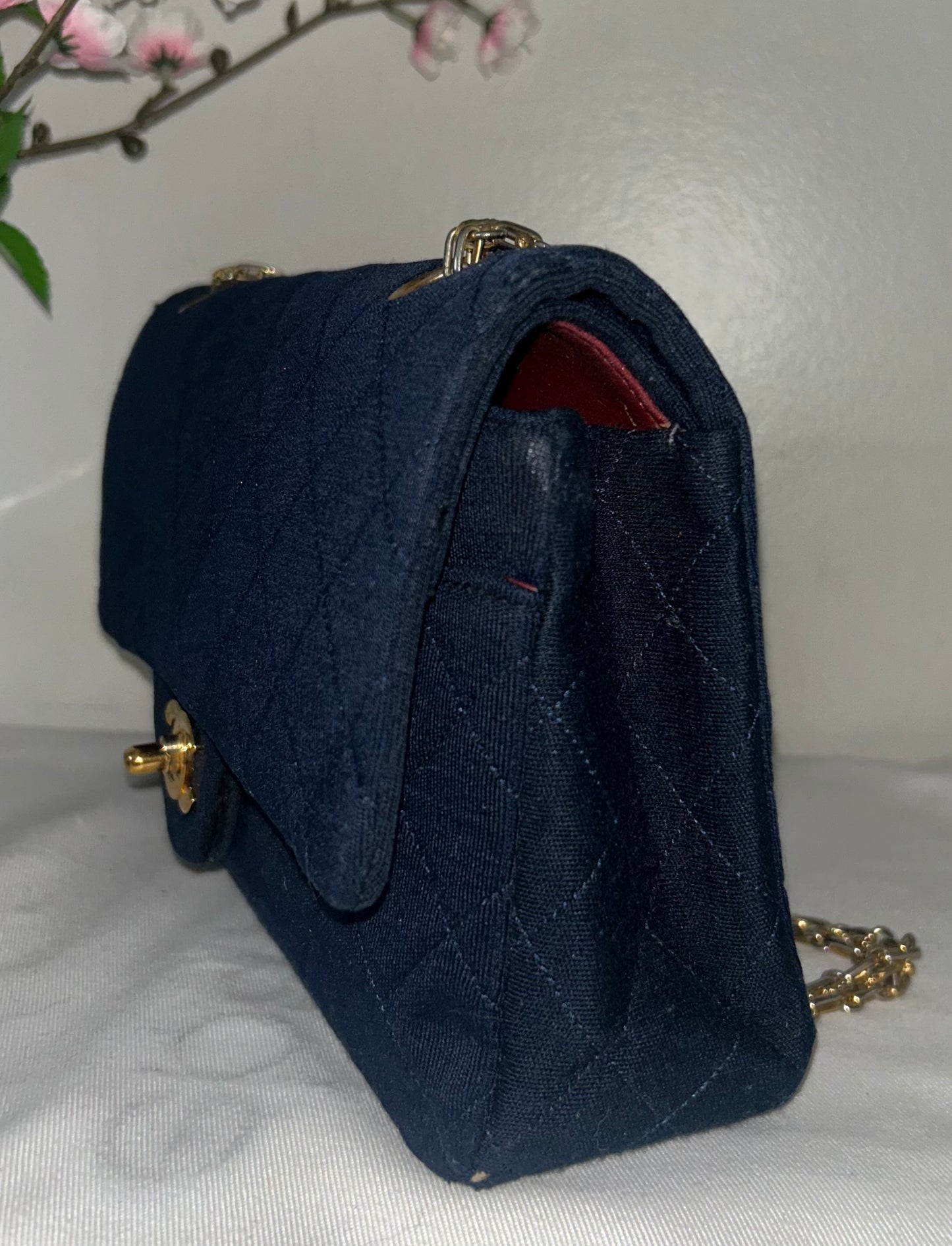 CHANEL Vintage Medium Classic Double Flap Jersey Quilted Handbag Navy / 24K Gold