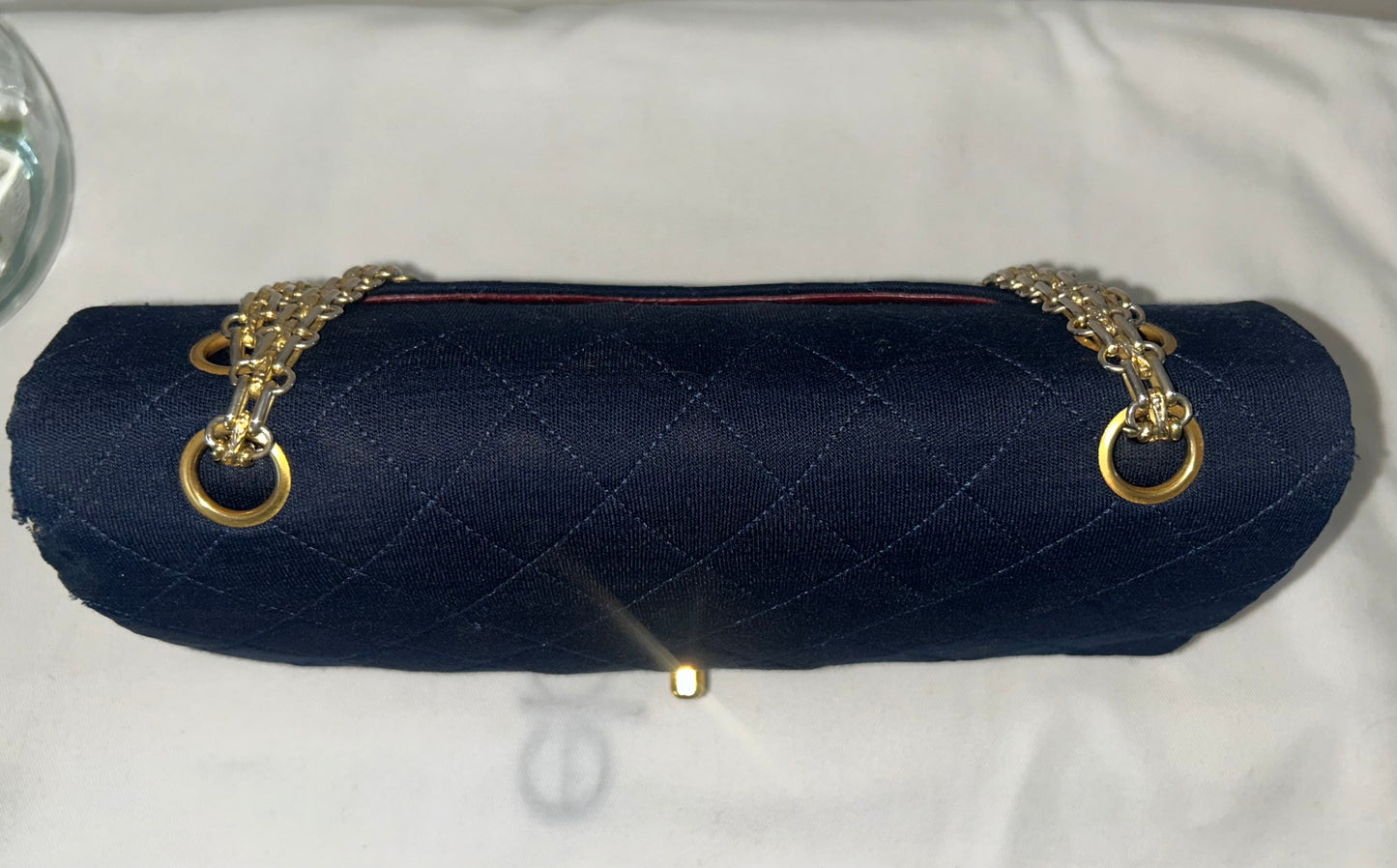 CHANEL Vintage Medium Classic Double Flap Jersey Quilted Handbag Navy / 24K Gold