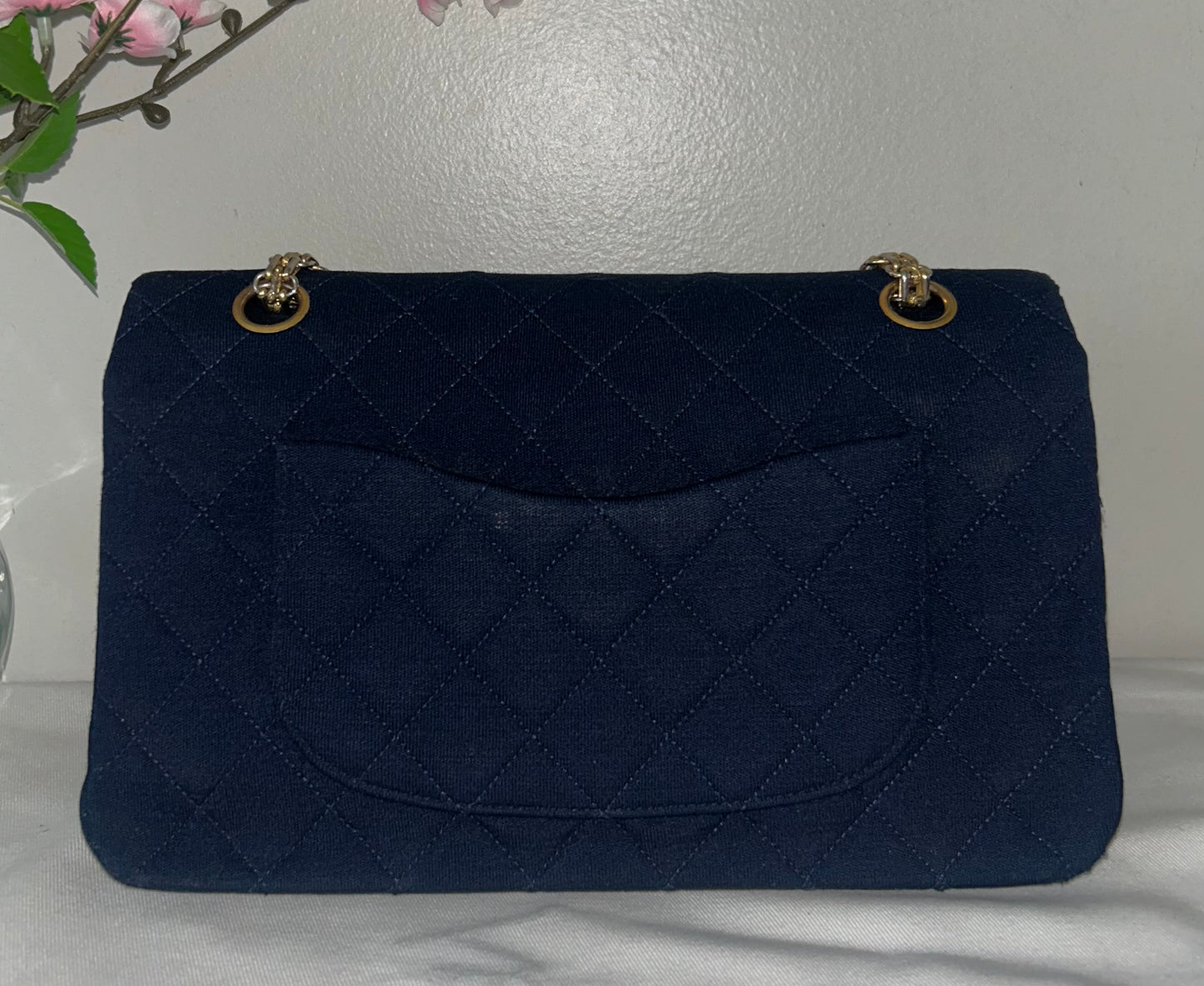 CHANEL Vintage Medium Classic Double Flap Jersey Quilted Handbag Navy / 24K Gold