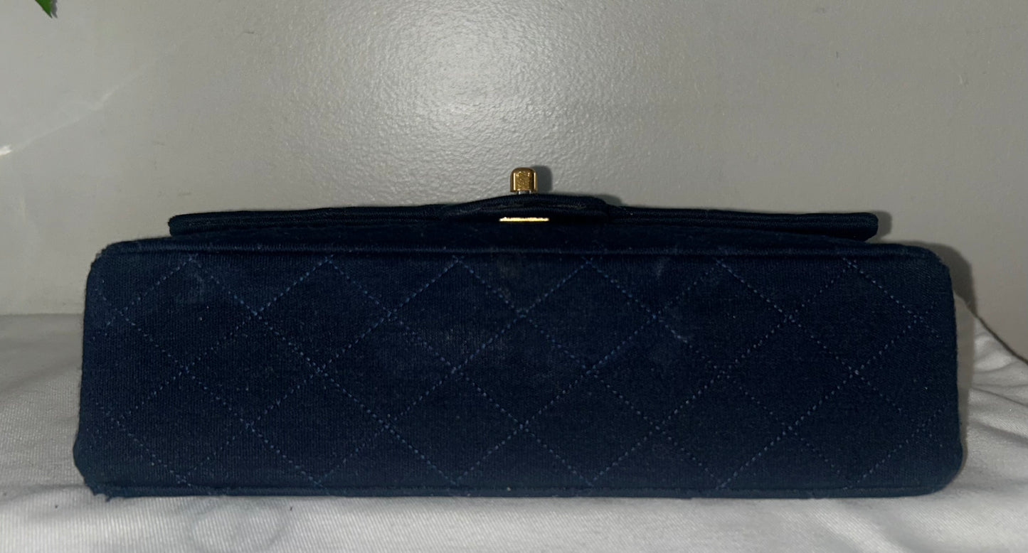 CHANEL Vintage Medium Classic Double Flap Jersey Quilted Handbag Navy / 24K Gold