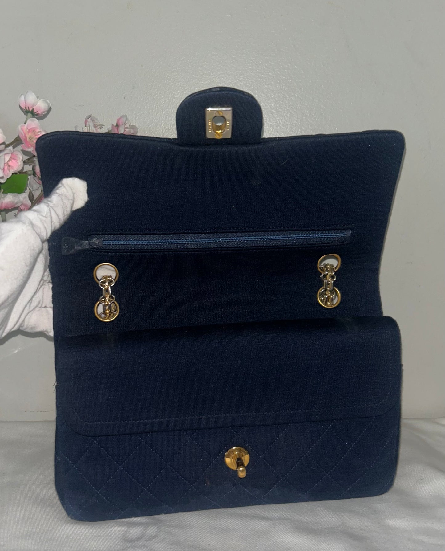 CHANEL Vintage Medium Classic Double Flap Jersey Quilted Handbag Navy / 24K Gold