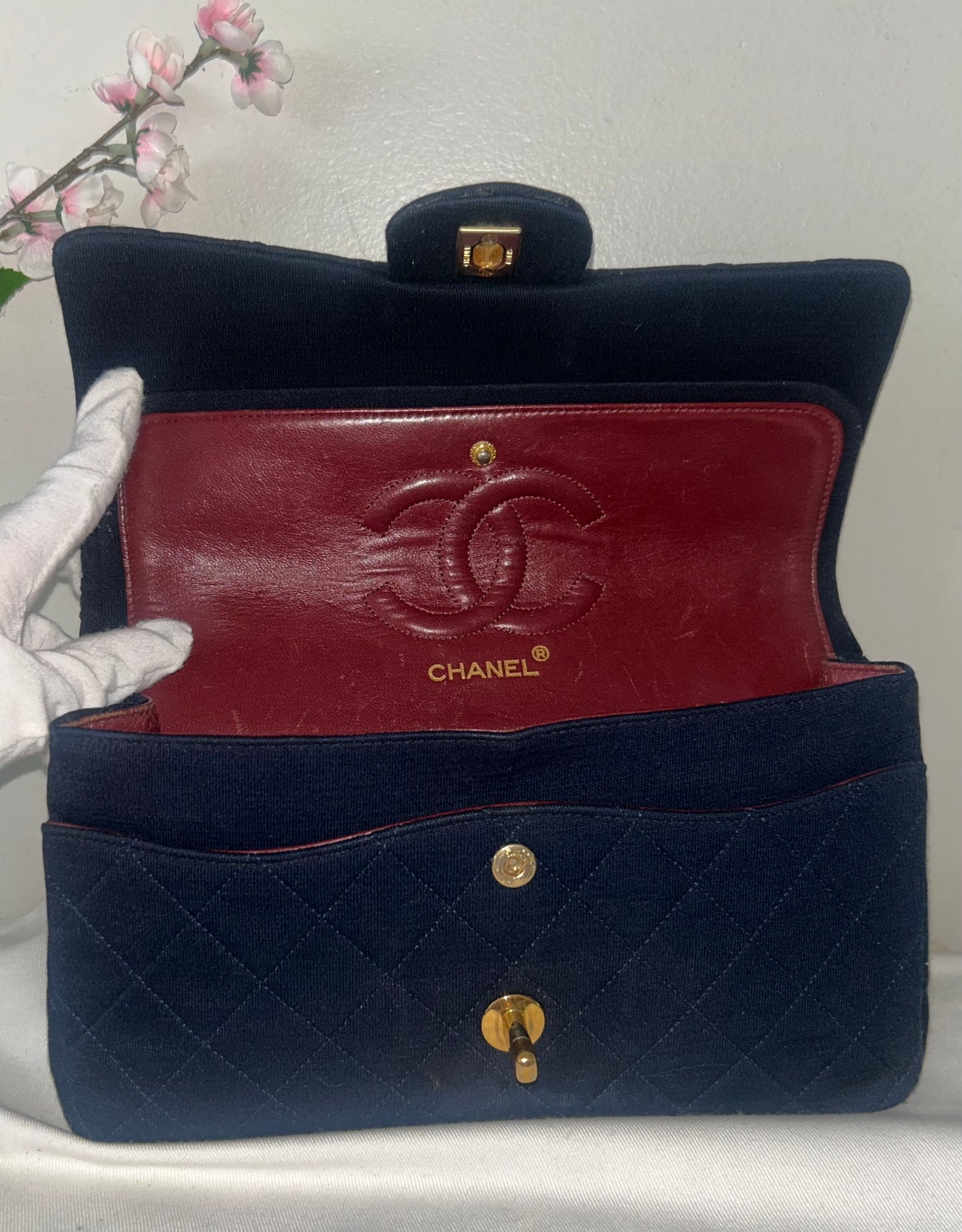 CHANEL Vintage Medium Classic Double Flap Jersey Quilted Handbag Navy / 24K Gold
