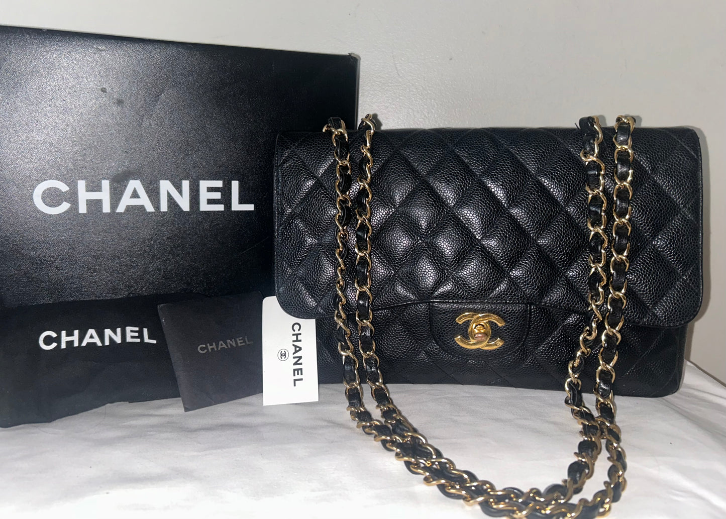 CHANEL Classic Jumbo Quilted Caviar Leather Handbag Black/Gold