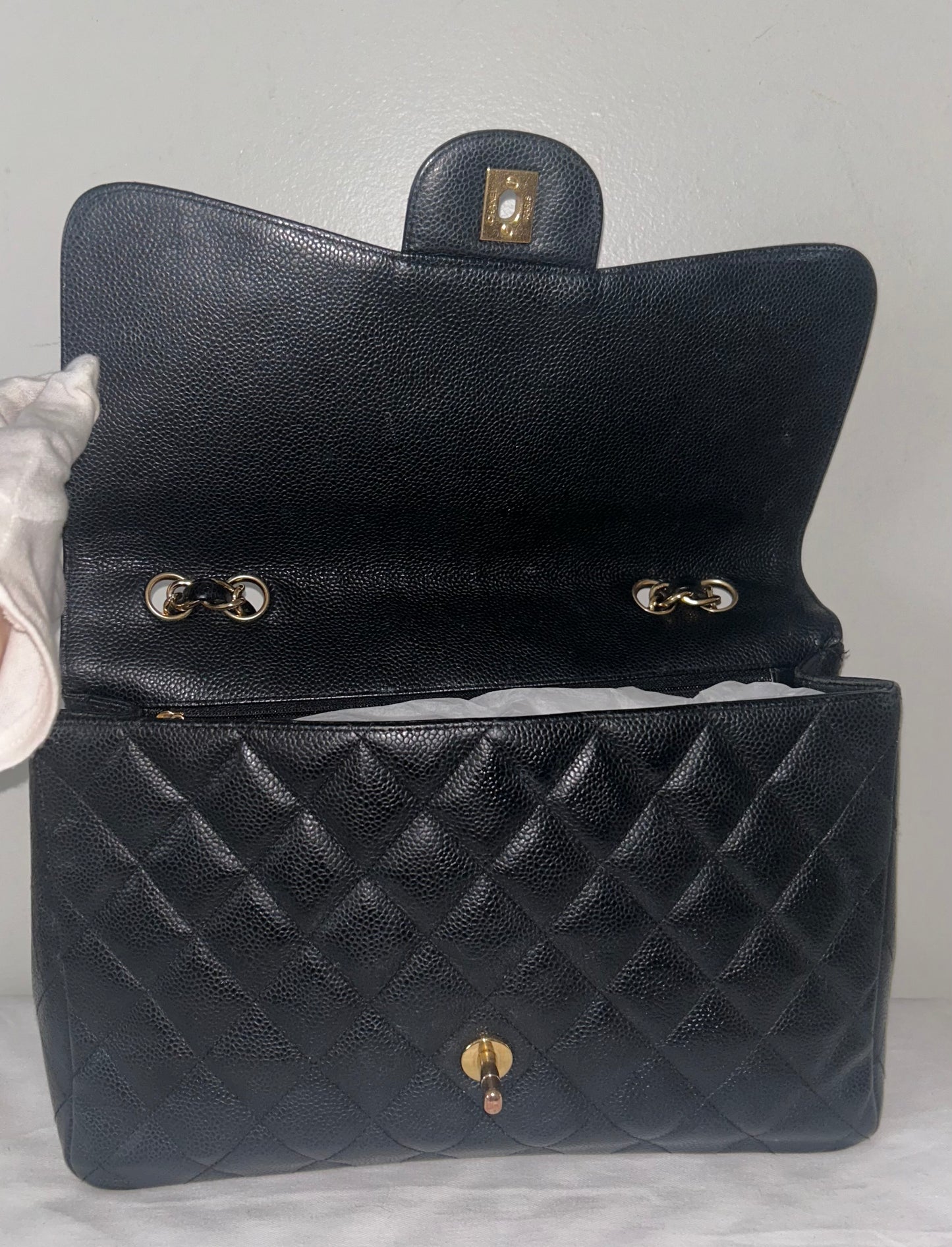 CHANEL Classic Jumbo Quilted Caviar Leather Handbag Black/Gold