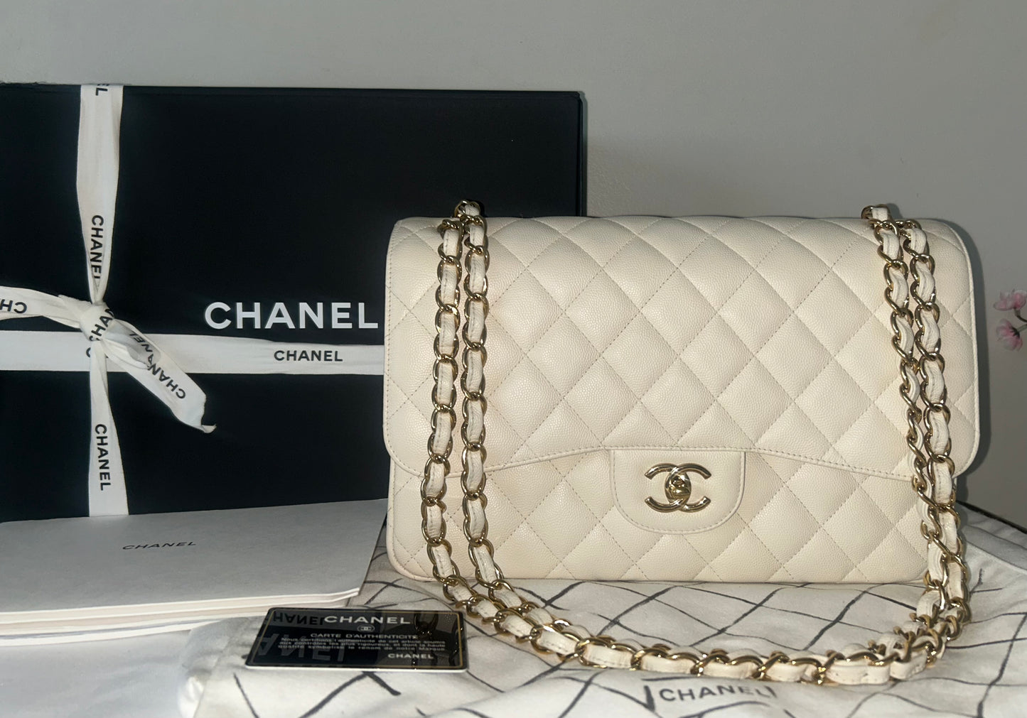 CHANEL Classic Jumbo Double Flap Quilted Caviar Handbag White