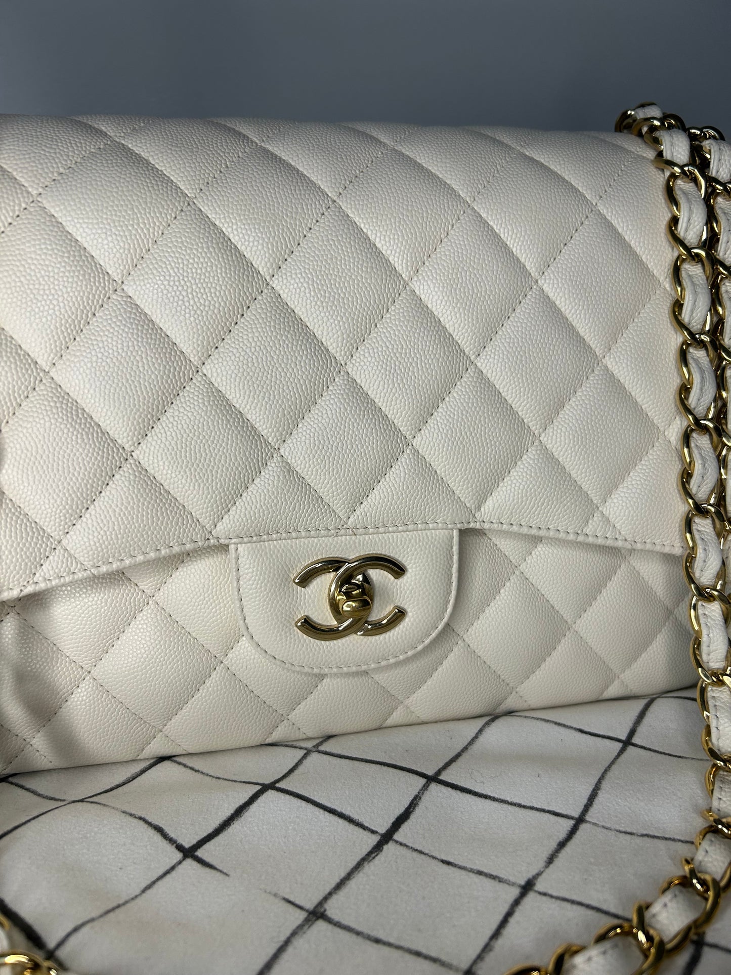 CHANEL Classic Jumbo Double Flap Quilted Caviar Handbag White