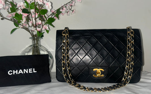 CHANEL Medium Classic Double Flap Lambskin Quilted Handbag Black / 24K Gold