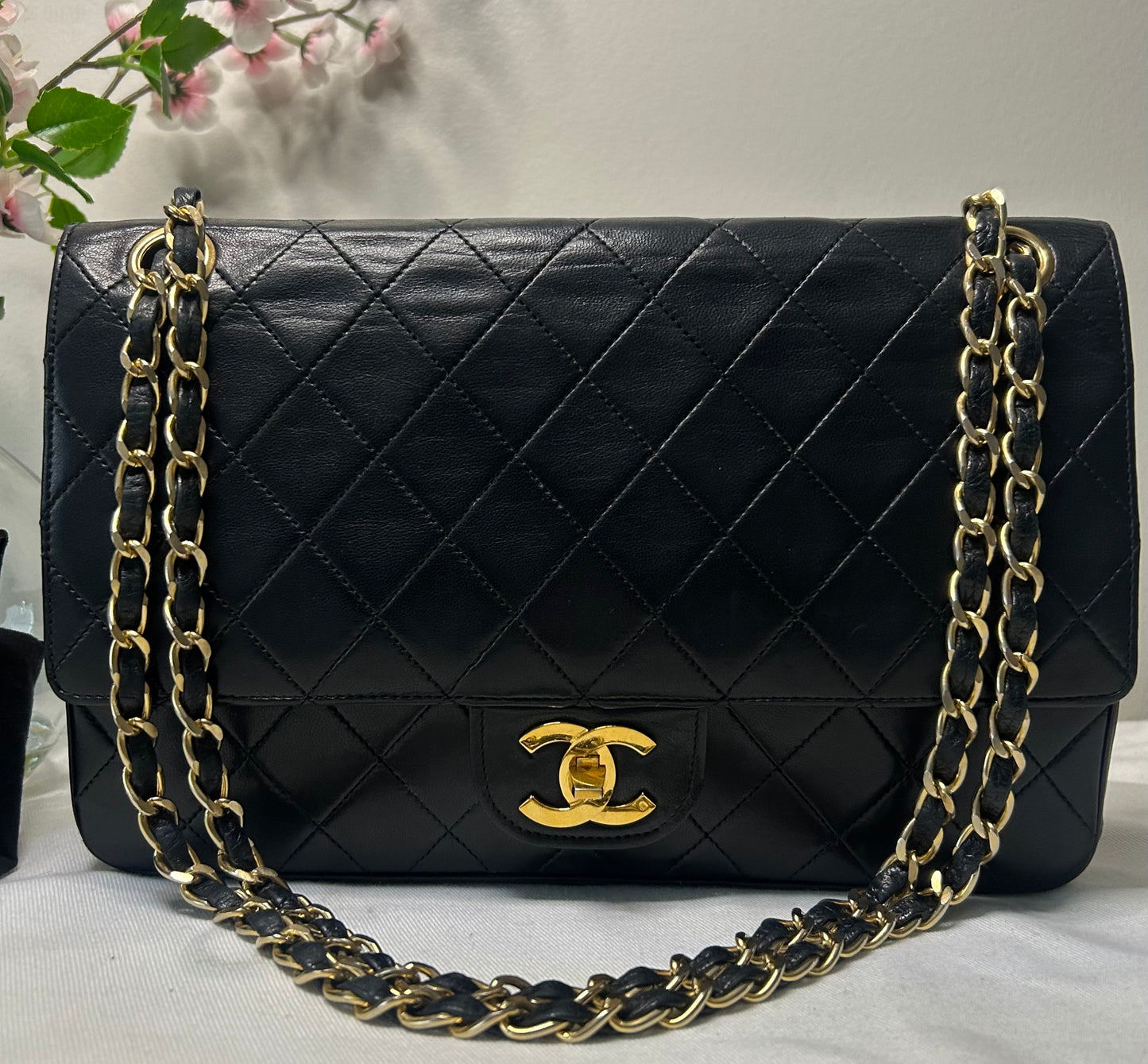 CHANEL Medium Classic Double Flap Lambskin Quilted Handbag Black / 24K Gold