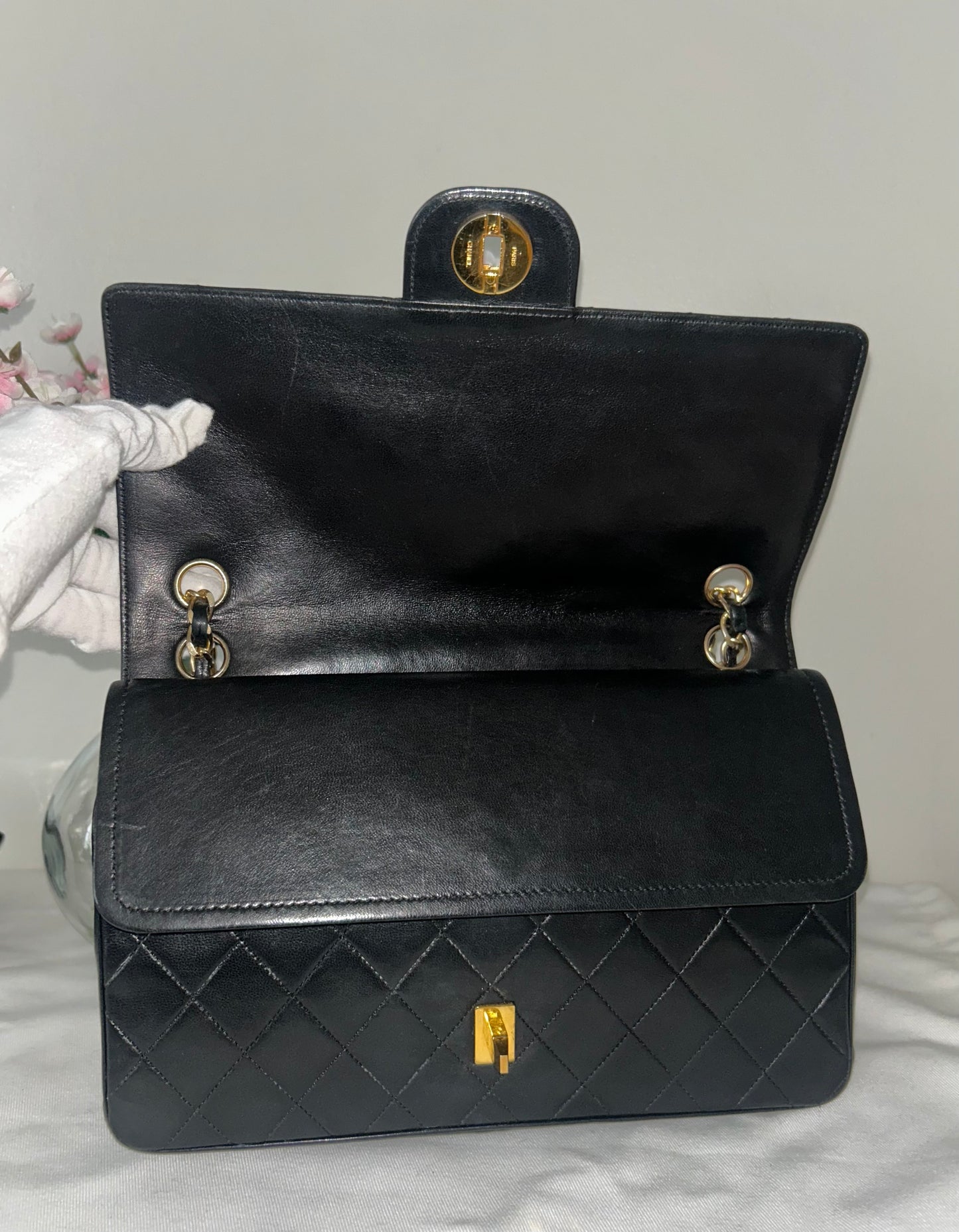 CHANEL Medium Classic Double Flap Lambskin Quilted Handbag Black / 24K Gold