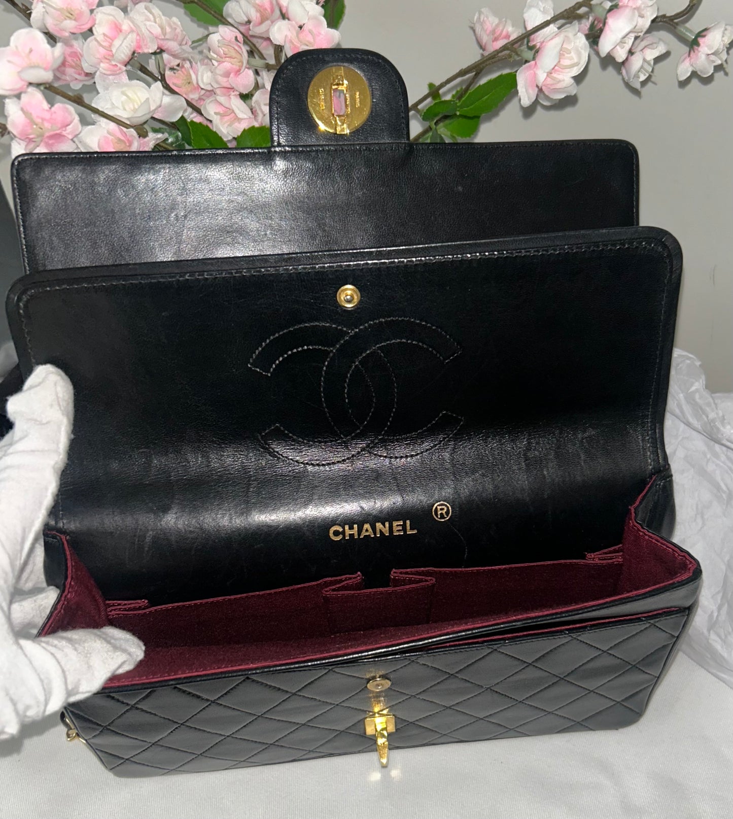 CHANEL Medium Classic Double Flap Lambskin Quilted Handbag Black / 24K Gold