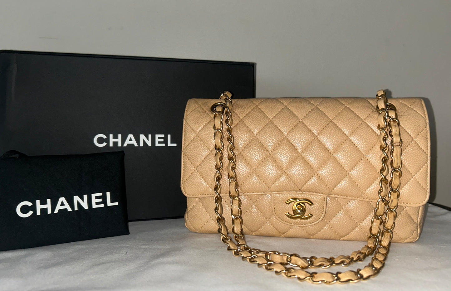 CHANEL Medium Classic Double Flap Caviar Quilted Handbag Beige/Gold Hardware