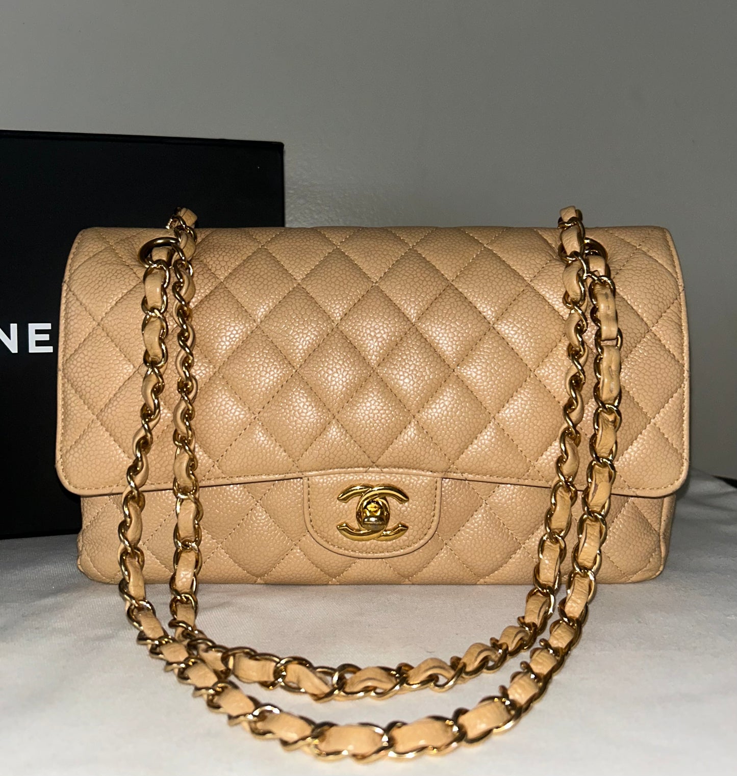 CHANEL Medium Classic Double Flap Caviar Quilted Handbag Beige/Gold Hardware