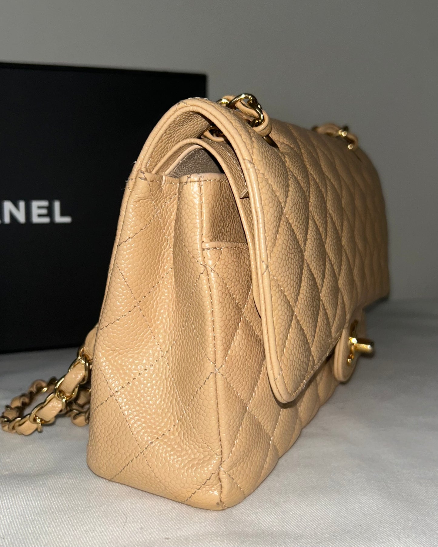 CHANEL Medium Classic Double Flap Caviar Quilted Handbag Beige/Gold Hardware
