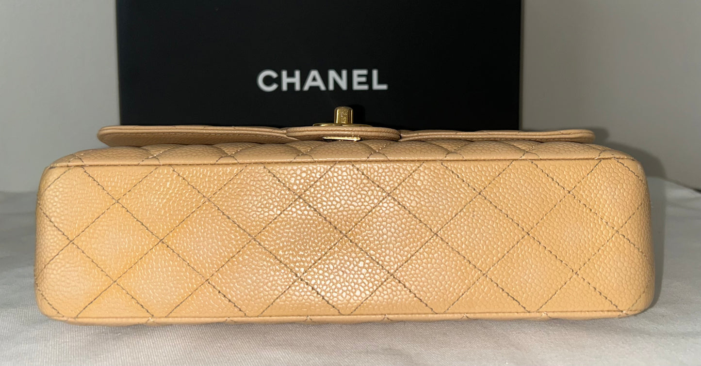 CHANEL Medium Classic Double Flap Caviar Quilted Handbag Beige/Gold Hardware