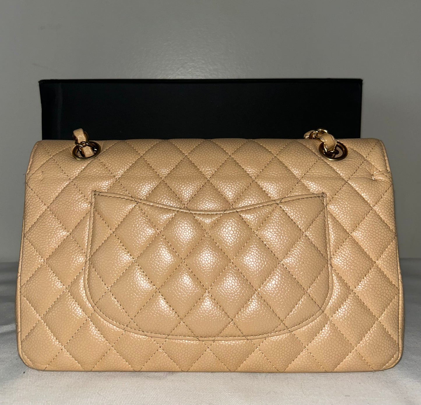 CHANEL Medium Classic Double Flap Caviar Quilted Handbag Beige/Gold Hardware