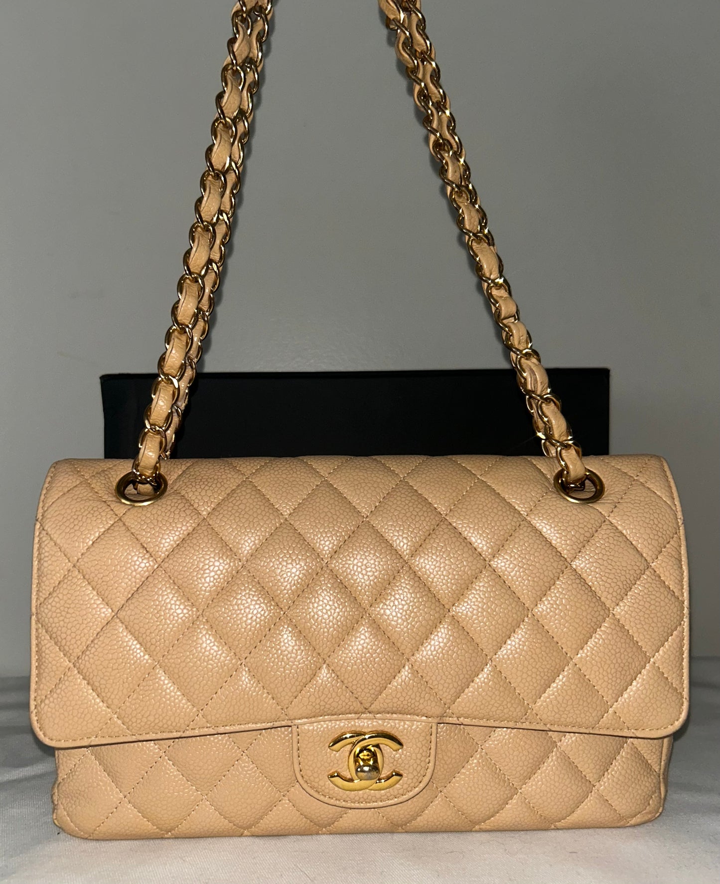 CHANEL Medium Classic Double Flap Caviar Quilted Handbag Beige/Gold Hardware