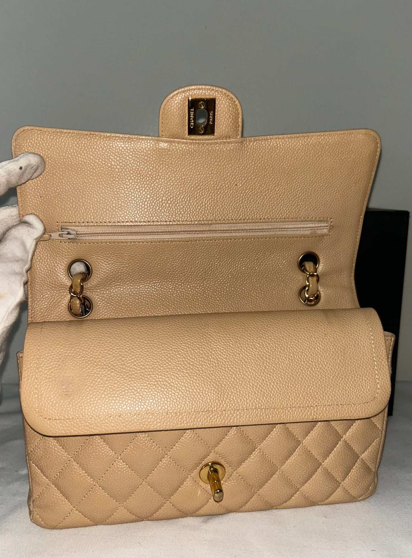 CHANEL Medium Classic Double Flap Caviar Quilted Handbag Beige/Gold Hardware