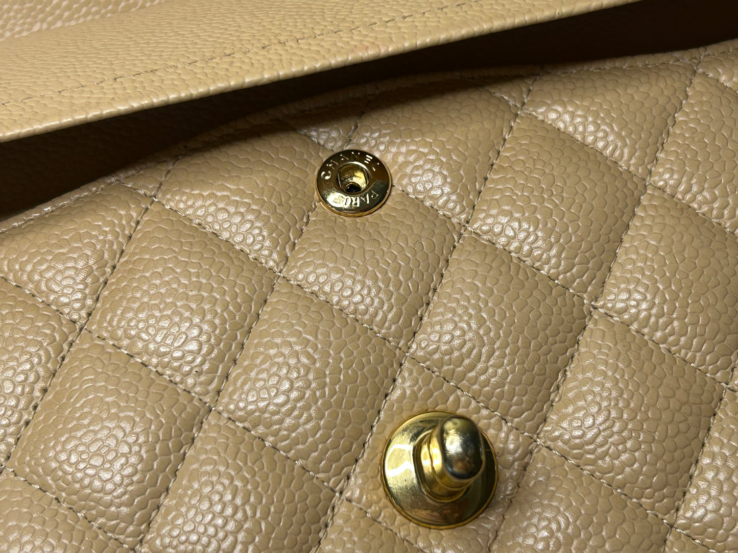 CHANEL Medium Classic Double Flap Caviar Quilted Handbag Beige/Gold Hardware