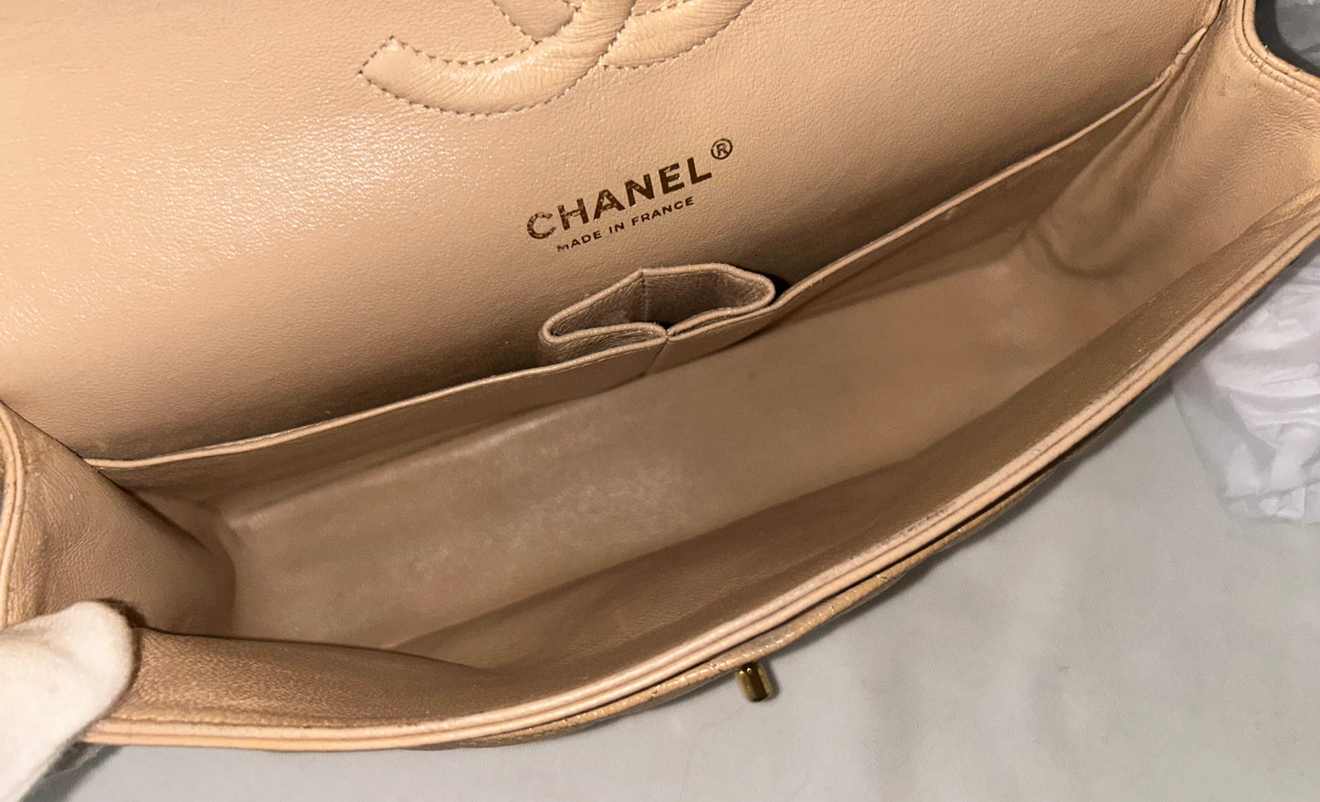 CHANEL Medium Classic Double Flap Caviar Quilted Handbag Beige/Gold Hardware