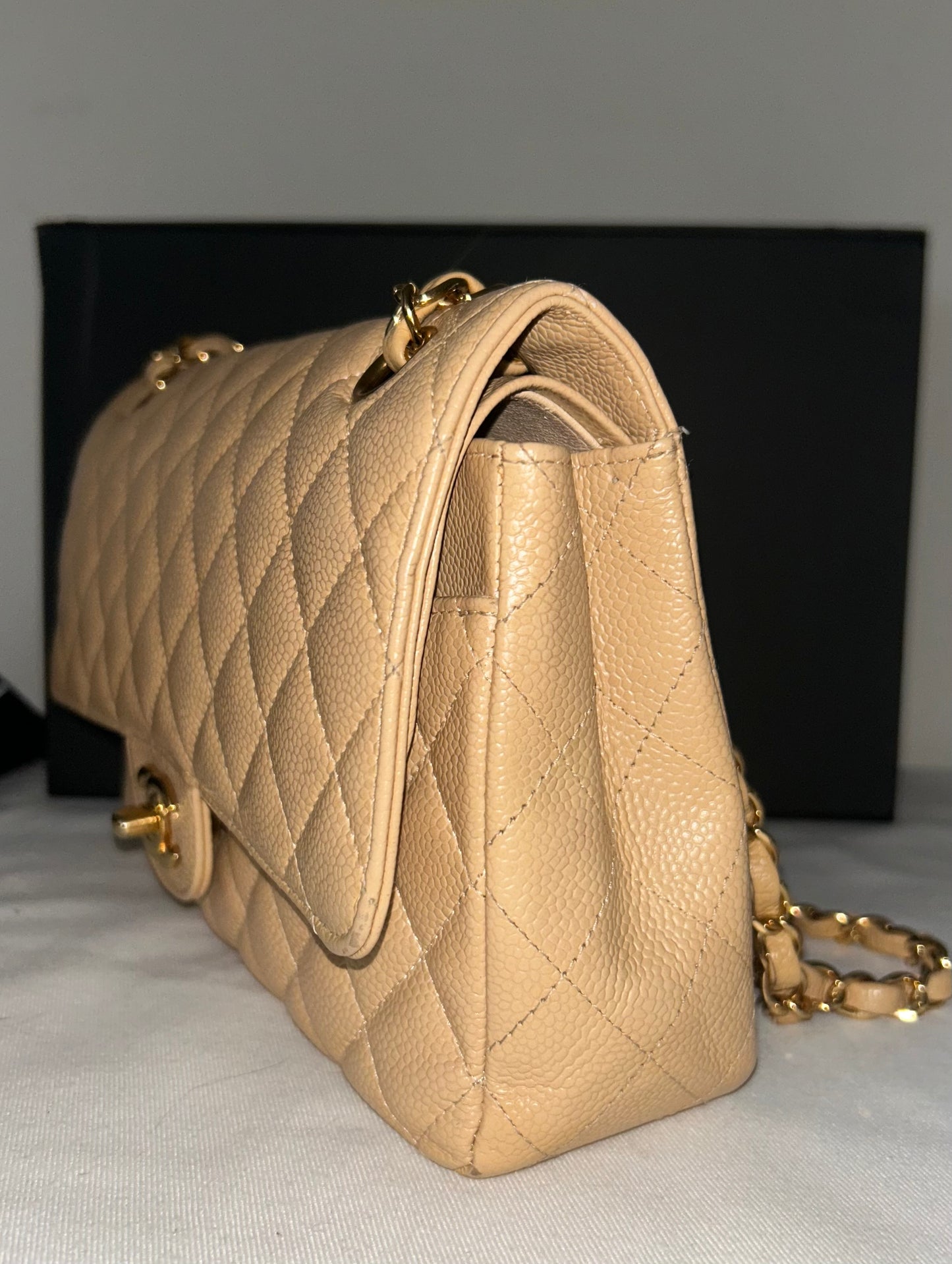 CHANEL Medium Classic Double Flap Caviar Quilted Handbag Beige/Gold Hardware