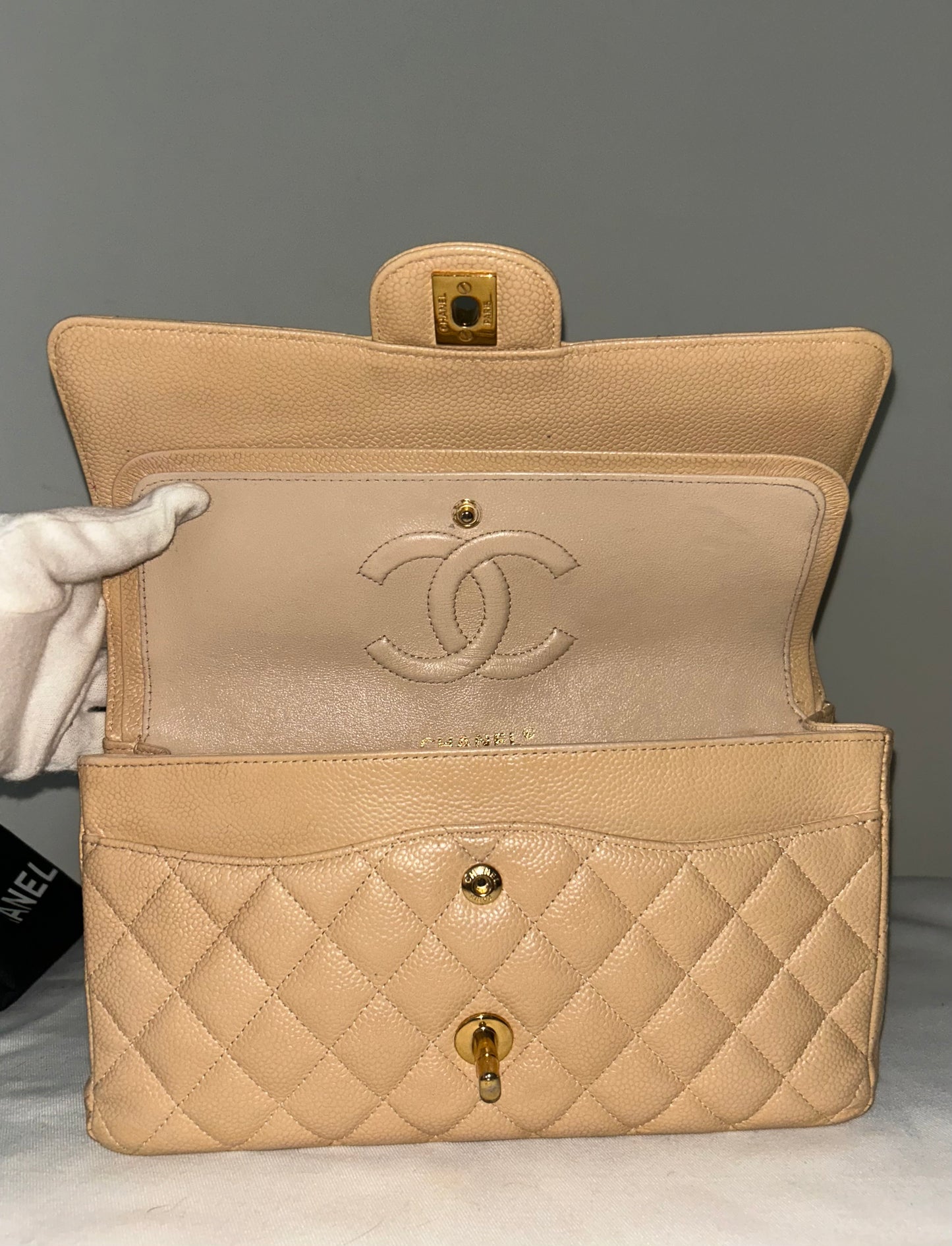 CHANEL Medium Classic Double Flap Caviar Quilted Handbag Beige/Gold Hardware