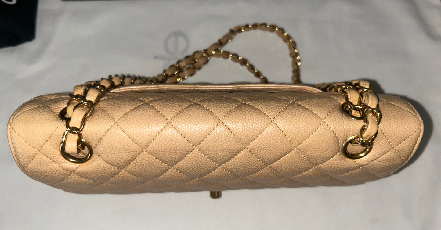 CHANEL Medium Classic Double Flap Caviar Quilted Handbag Beige/Gold Hardware