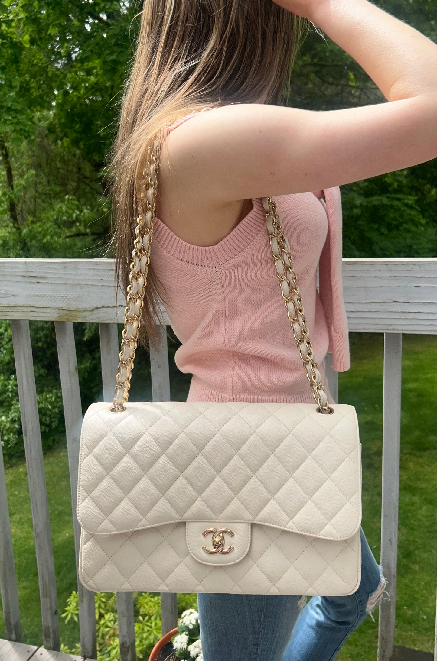 CHANEL Classic Jumbo Double Flap Quilted Caviar Handbag White