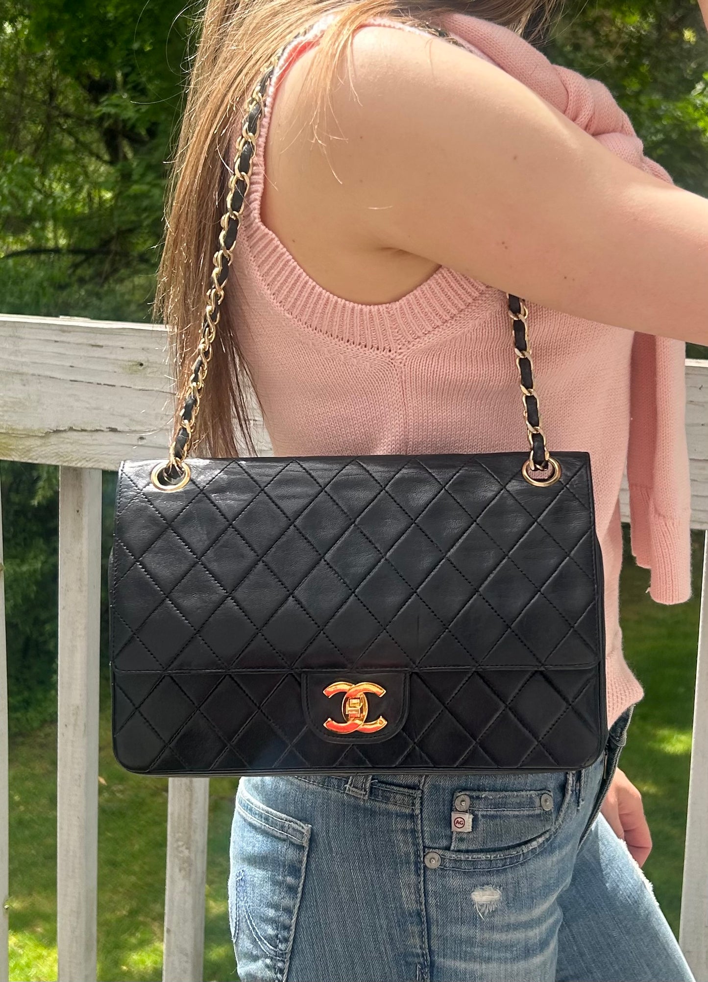 CHANEL Medium Classic Double Flap Lambskin Quilted Handbag Black / 24K Gold