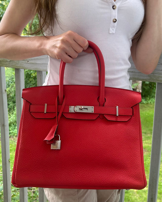 HERMES Birkin 30 Rouge Tomate Clemence Leather Palladium Hardware Handbag