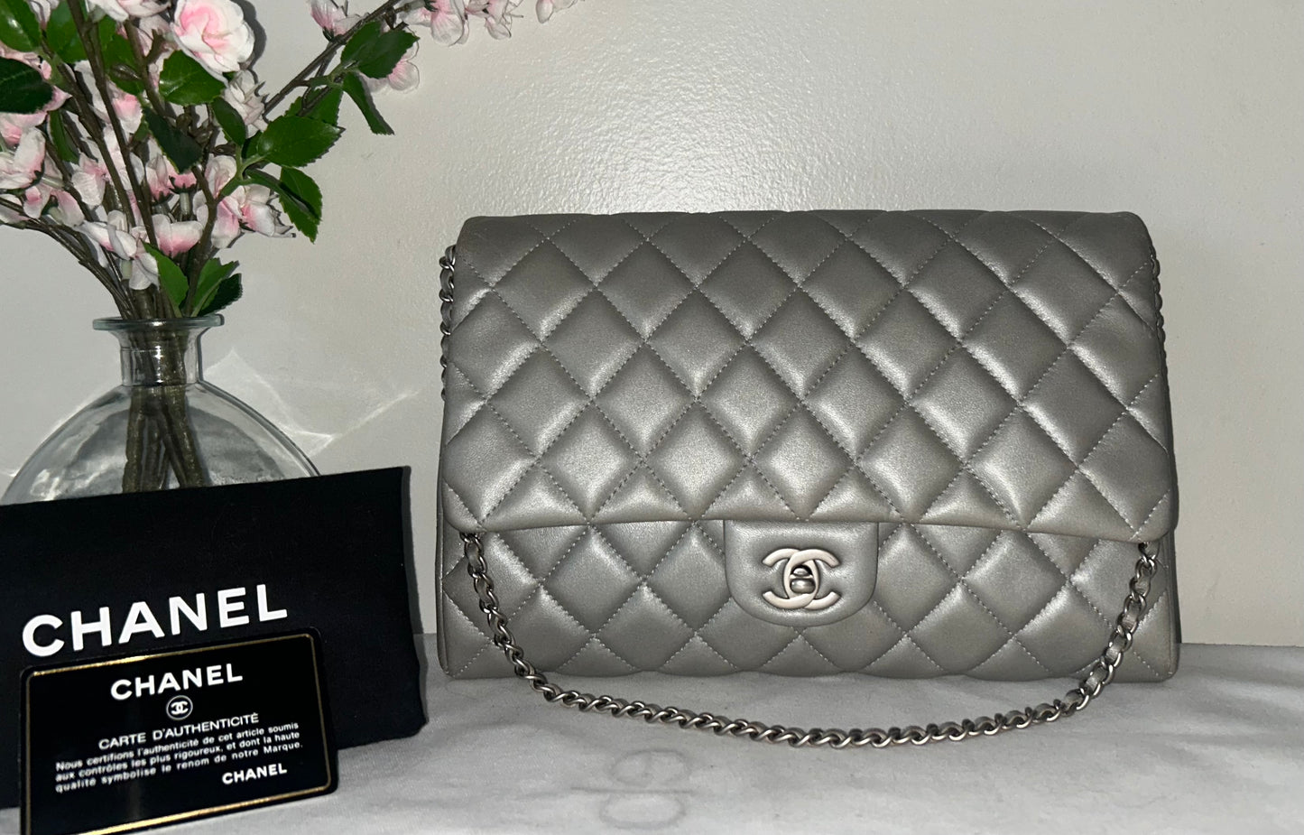 CHANEL CC Classic Single Flap Quilted Lambskin Leather Shoulder Bag Silver Grey