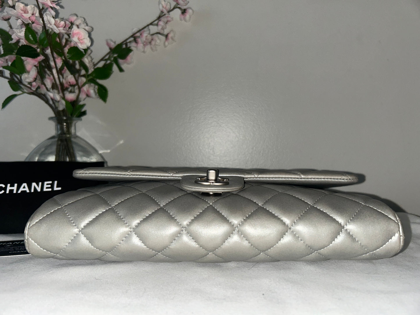 CHANEL CC Classic Single Flap Quilted Lambskin Leather Shoulder Bag Silver Grey