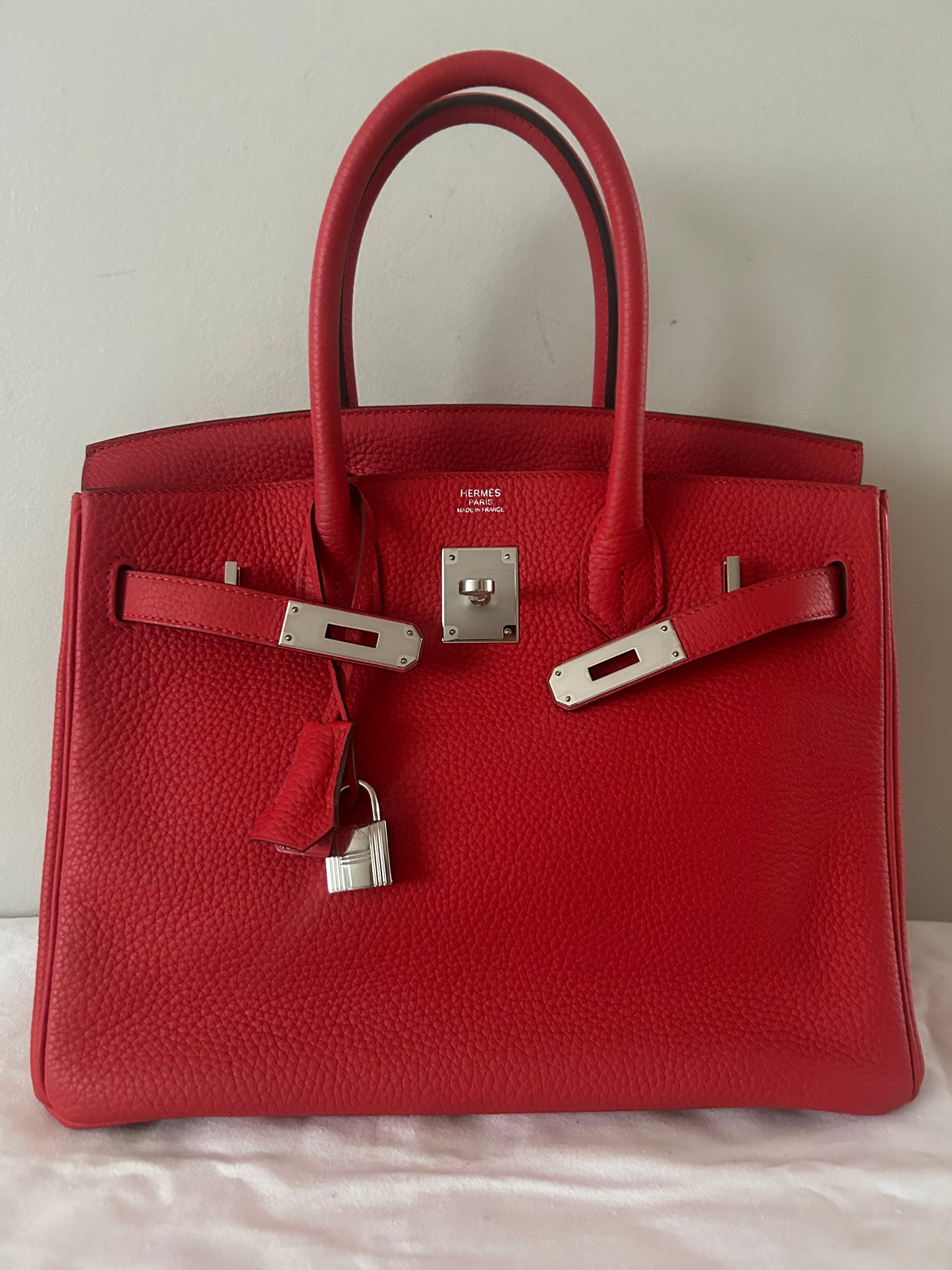 HERMES Birkin 30 Rouge Tomate Clemence Leather Palladium Hardware Handbag