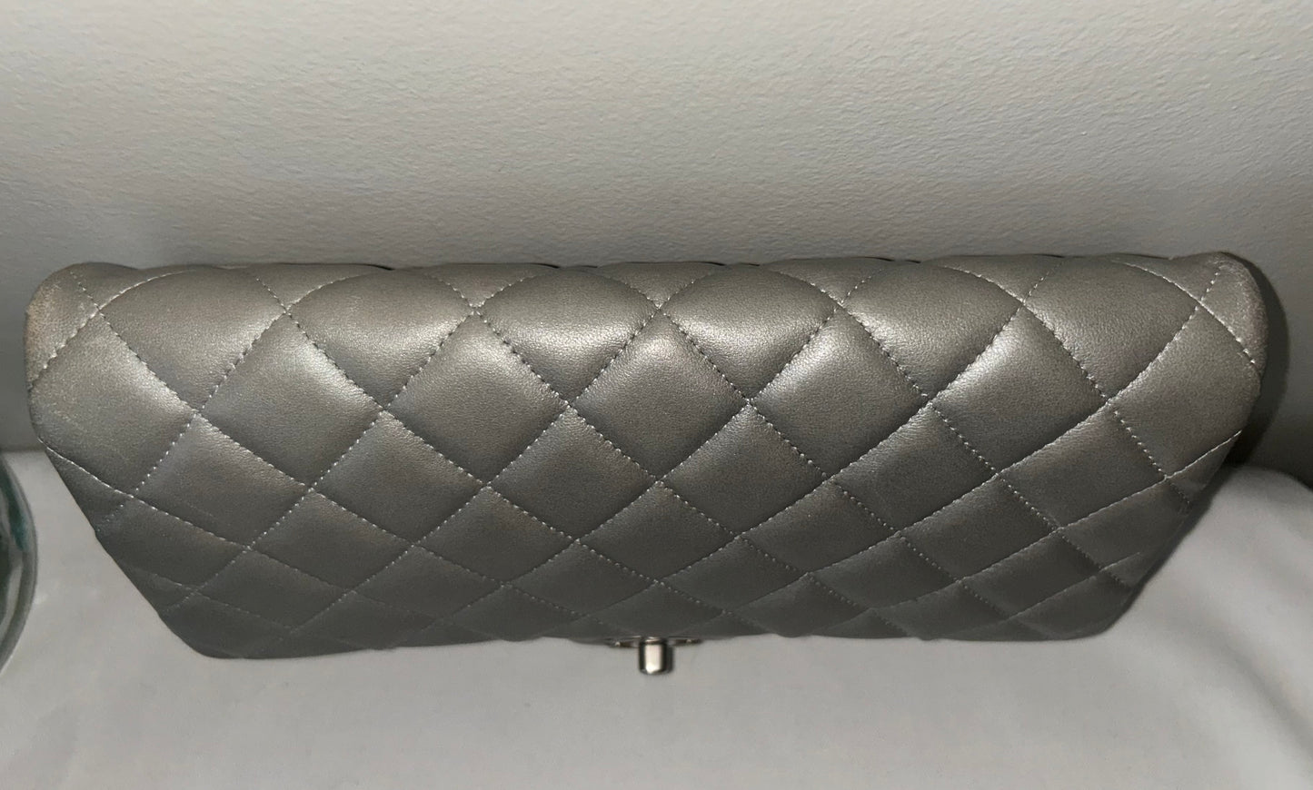 CHANEL CC Classic Single Flap Quilted Lambskin Leather Shoulder Bag Silver Grey