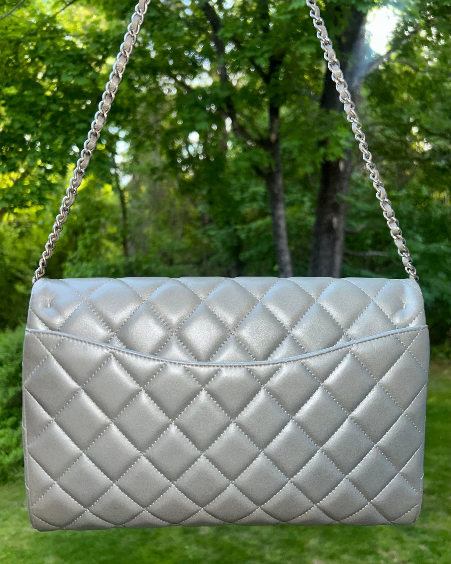 CHANEL CC Classic Single Flap Quilted Lambskin Leather Shoulder Bag Silver Grey