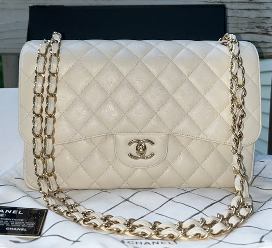 CHANEL Classic Jumbo Double Flap Quilted Caviar Handbag White