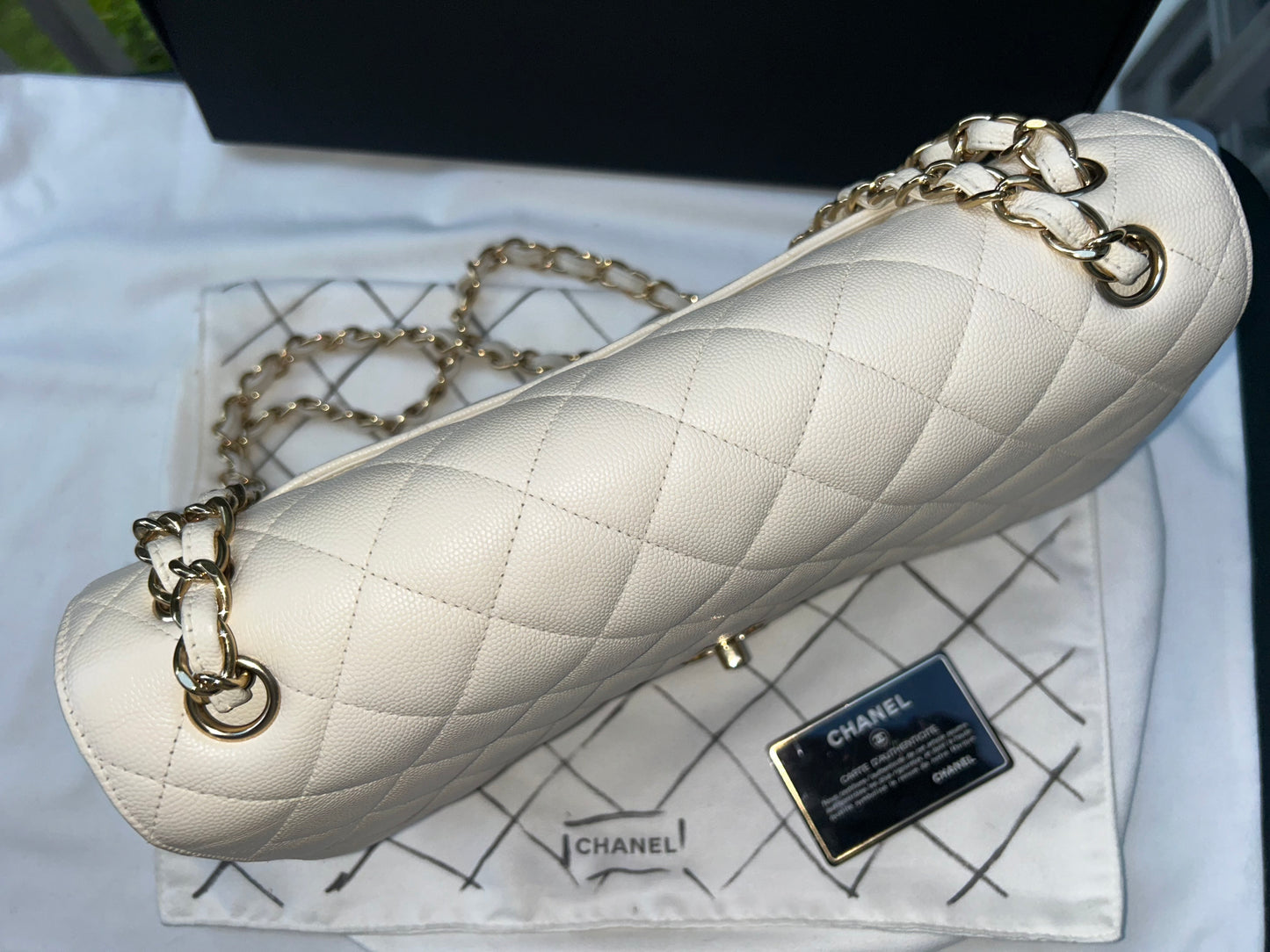 CHANEL Classic Jumbo Double Flap Quilted Caviar Handbag White