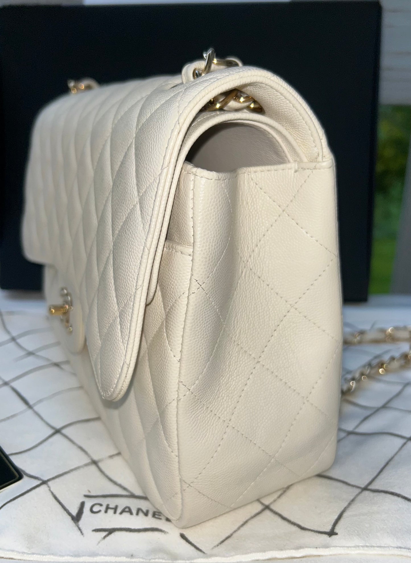 CHANEL Classic Jumbo Double Flap Quilted Caviar Handbag White