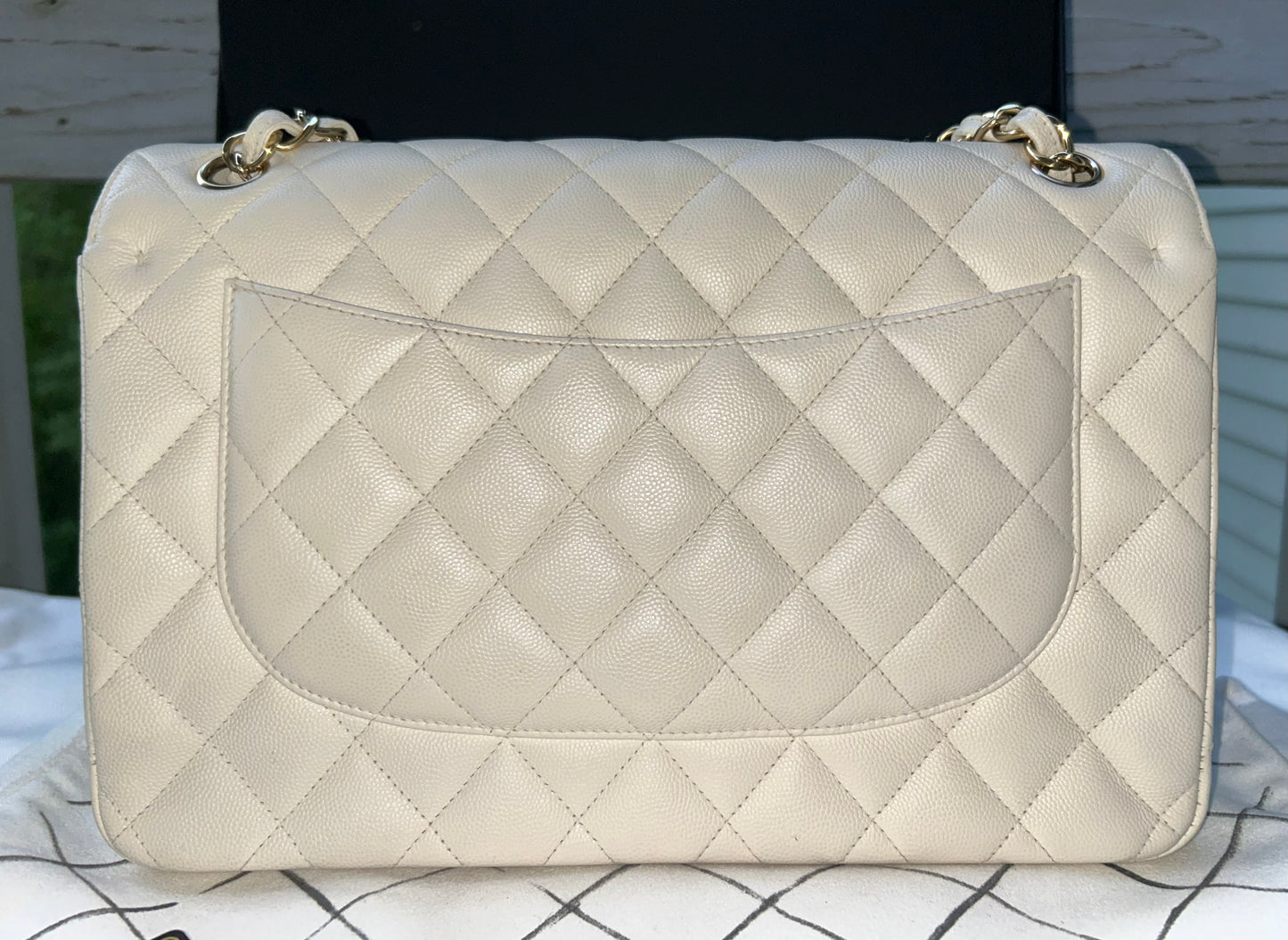 CHANEL Classic Jumbo Double Flap Quilted Caviar Handbag White