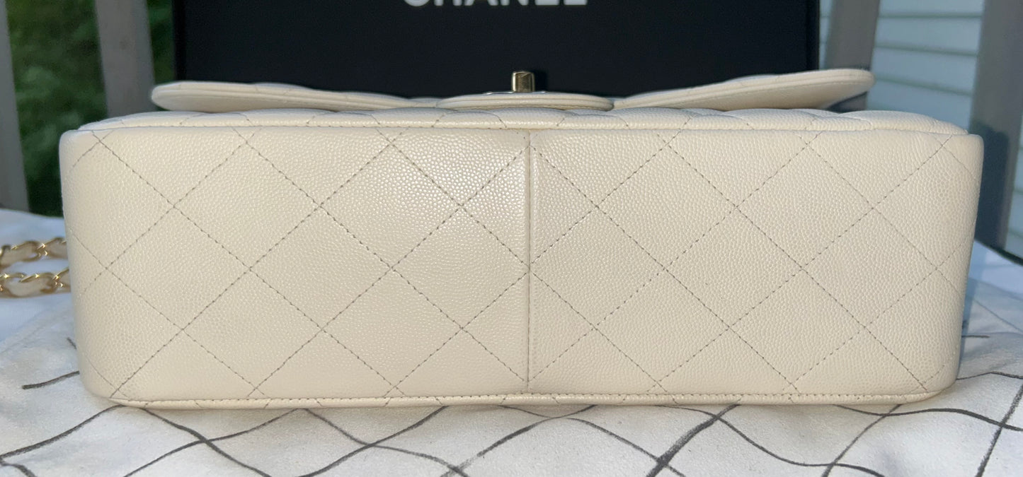 CHANEL Classic Jumbo Double Flap Quilted Caviar Handbag White