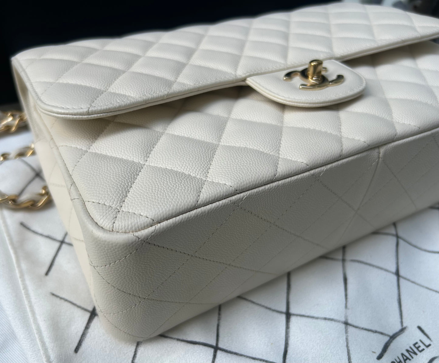 CHANEL Classic Jumbo Double Flap Quilted Caviar Handbag White