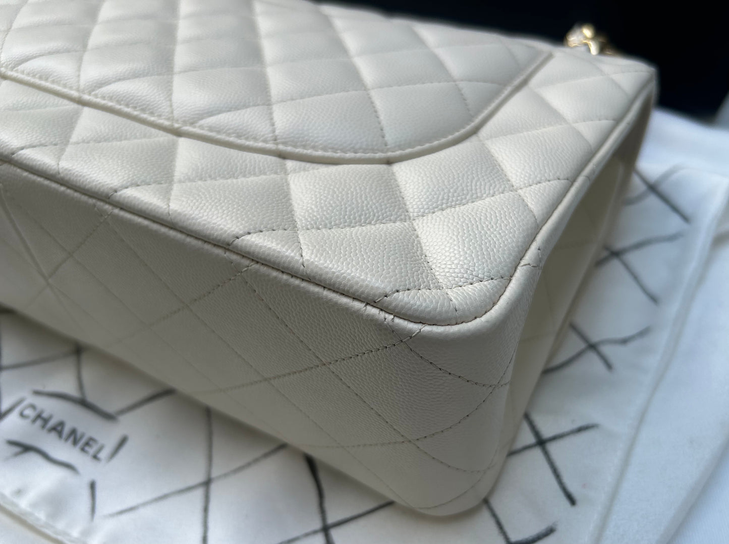 CHANEL Classic Jumbo Double Flap Quilted Caviar Handbag White