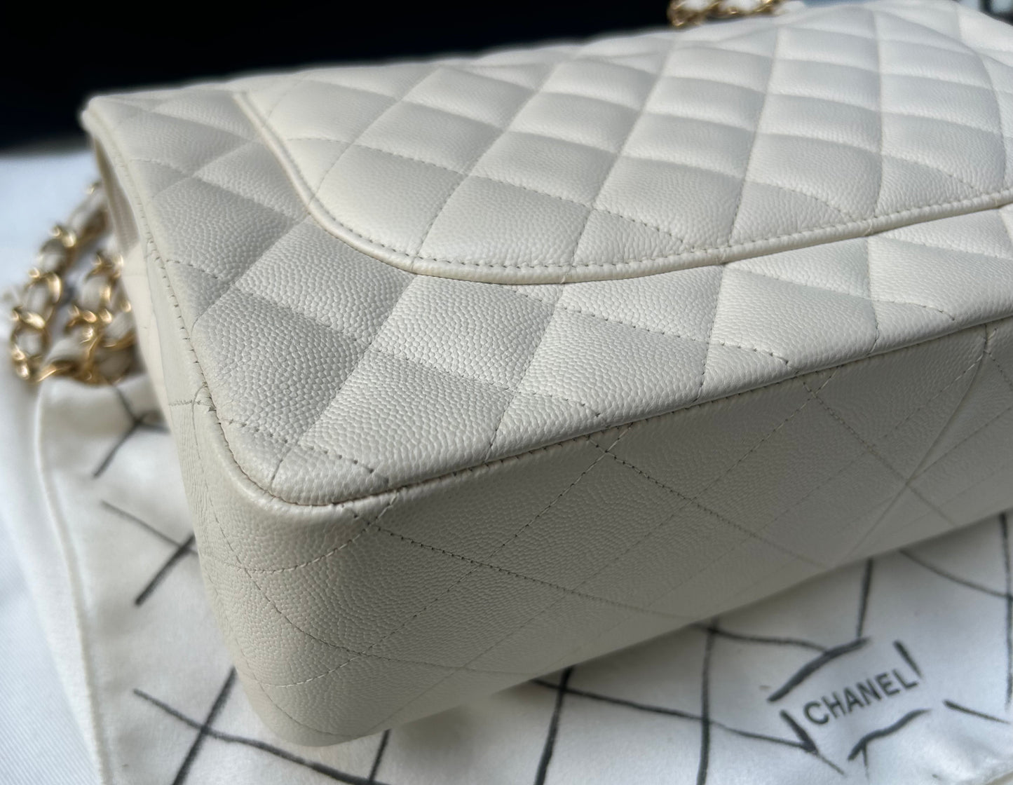 CHANEL Classic Jumbo Double Flap Quilted Caviar Handbag White