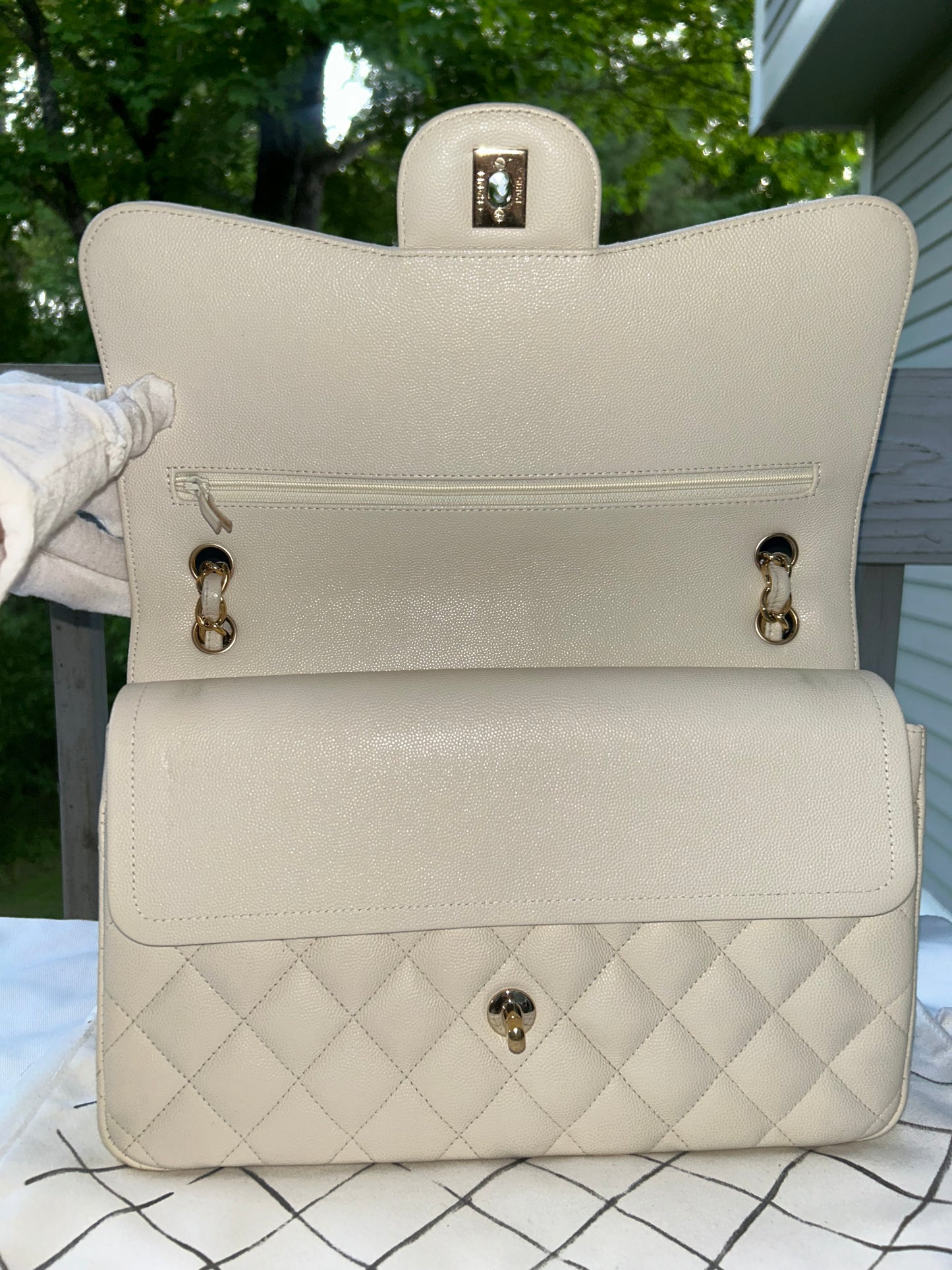 CHANEL Classic Jumbo Double Flap Quilted Caviar Handbag White