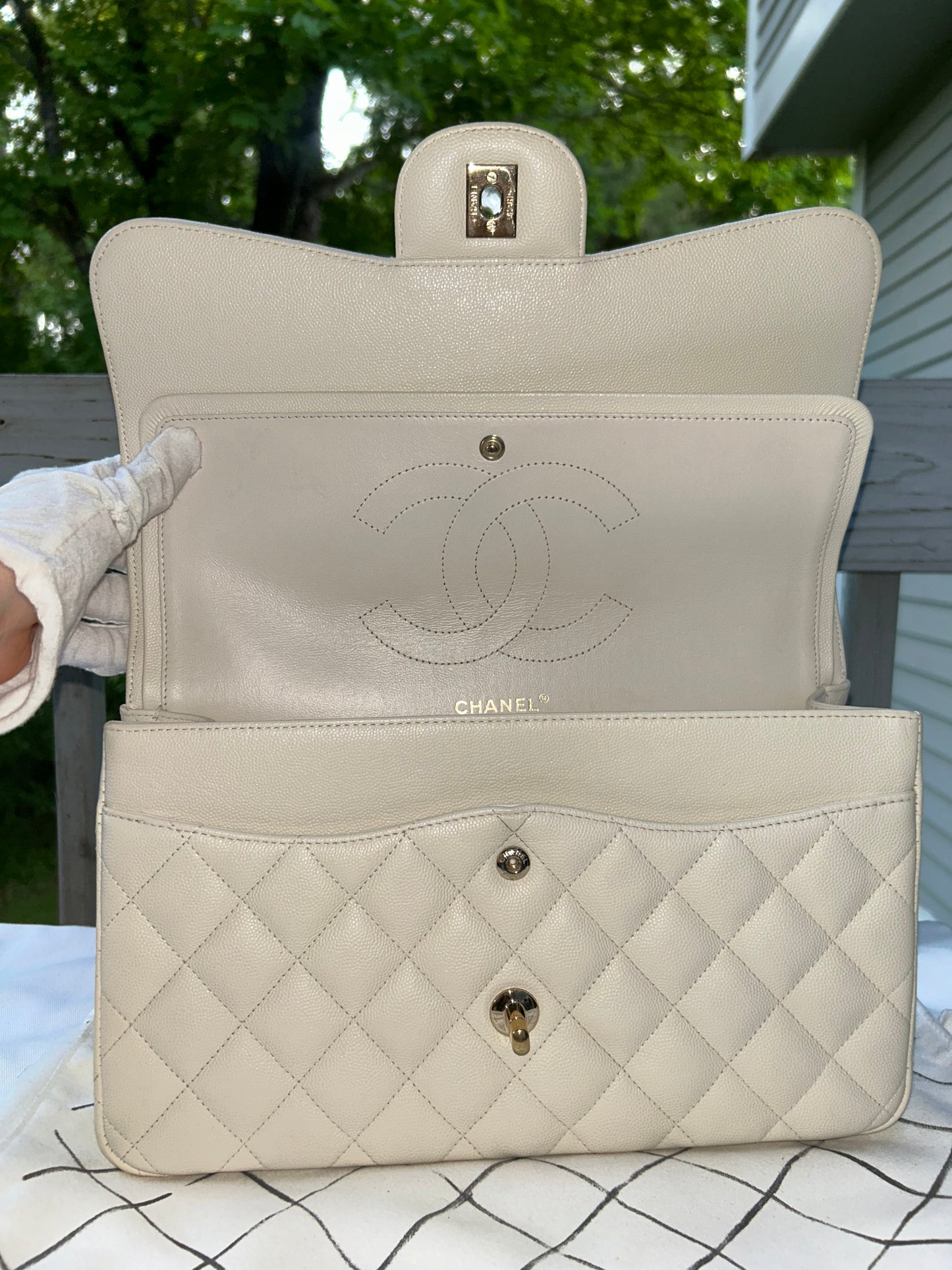 CHANEL Classic Jumbo Double Flap Quilted Caviar Handbag White