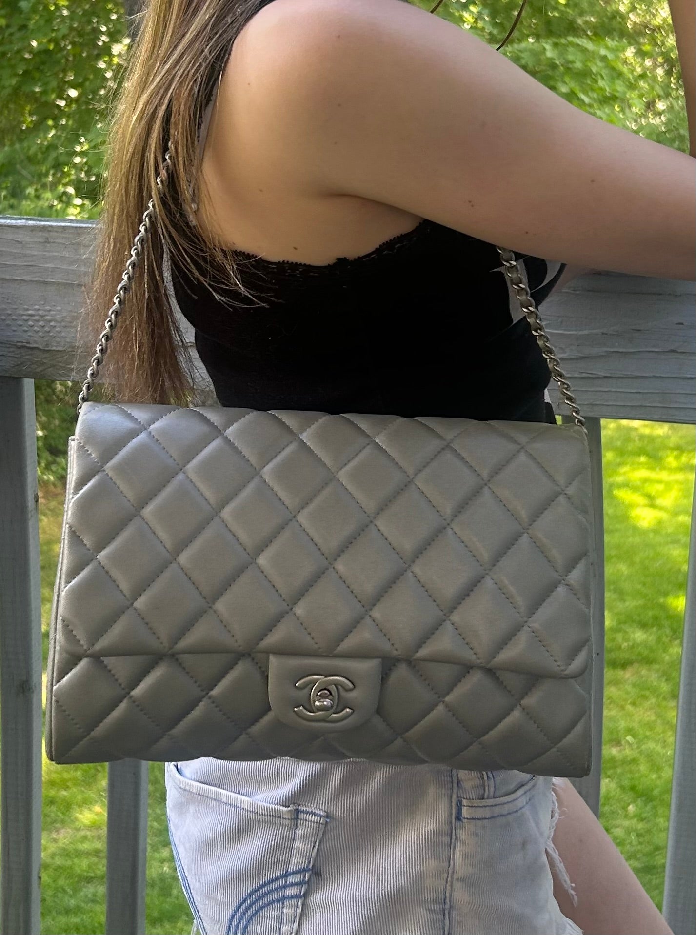CHANEL CC Classic Single Flap Quilted Lambskin Leather Shoulder Bag Silver Grey