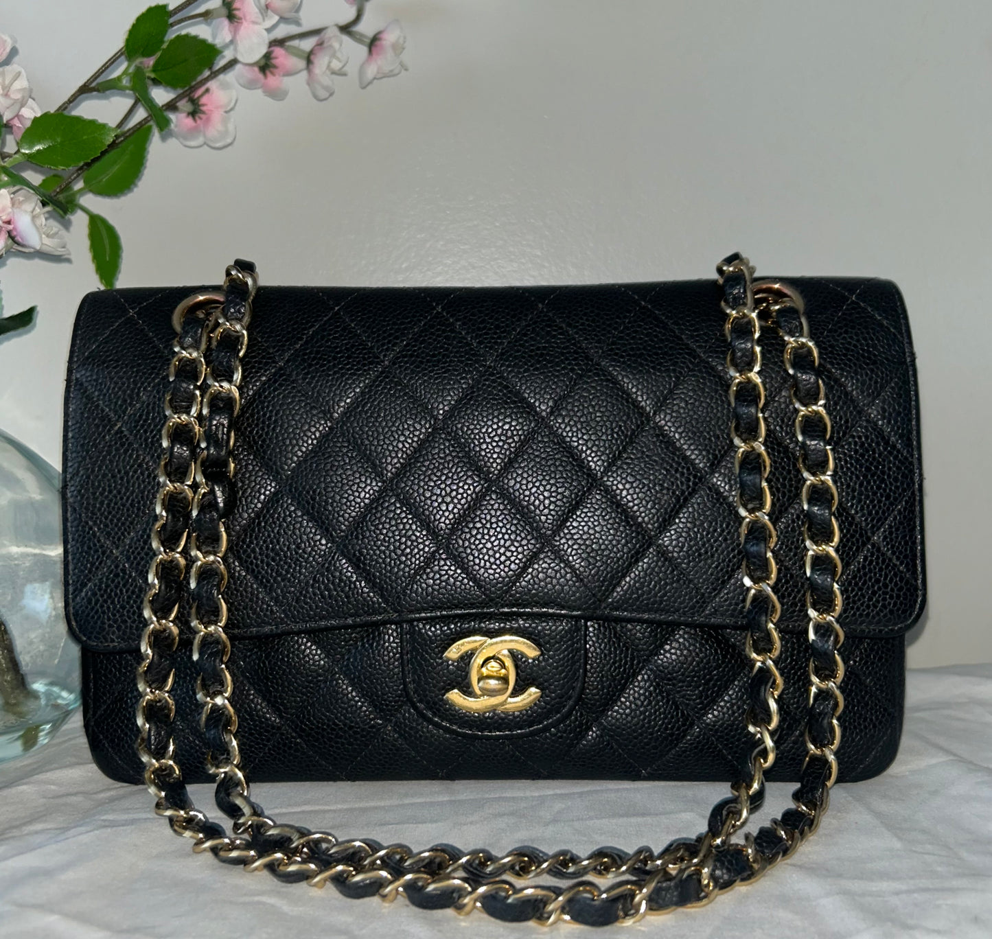 CHANEL Medium Classic Double Flap Caviar Quilted Handbag Black / 24K Gold