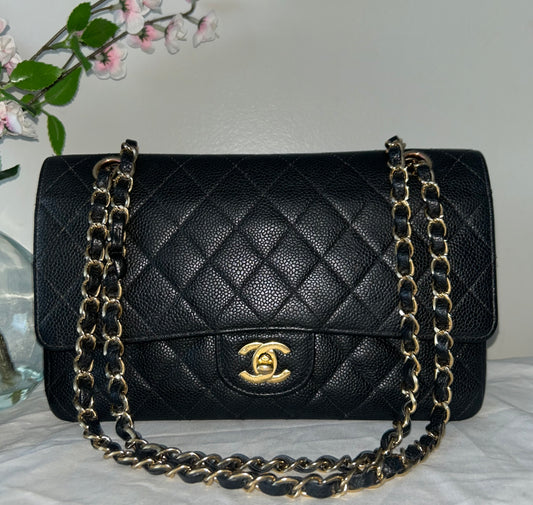 CHANEL Medium Classic Double Flap Caviar Quilted Handbag Black / 24K Gold