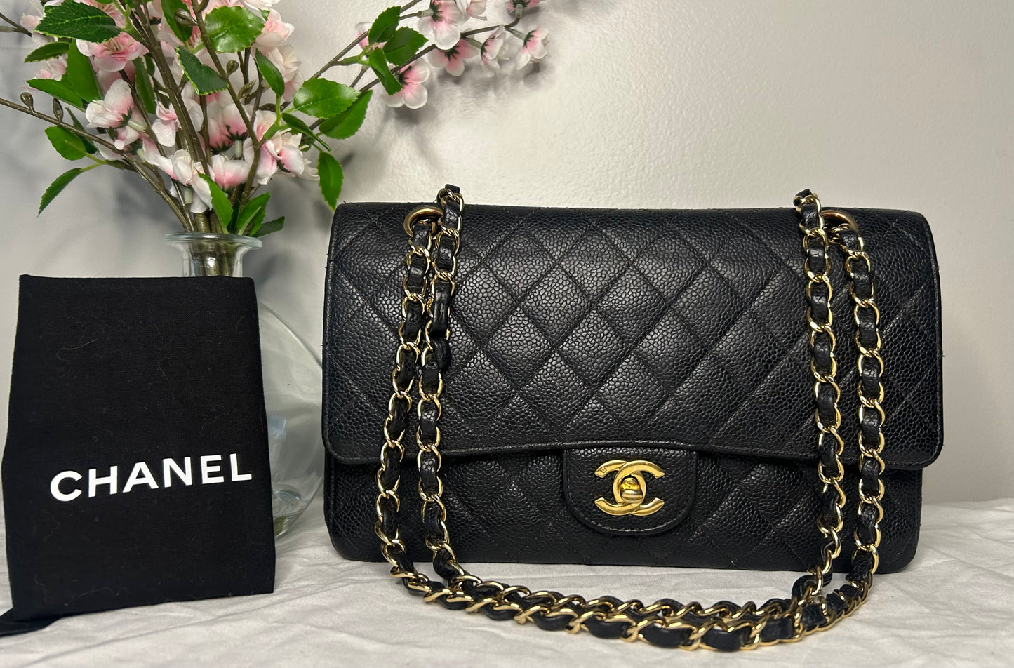 CHANEL Medium Classic Double Flap Caviar Quilted Handbag Black / 24K Gold